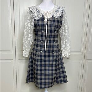 Plaid Print Lace Contrast Dress Long Sleeve White/Blue/Tan